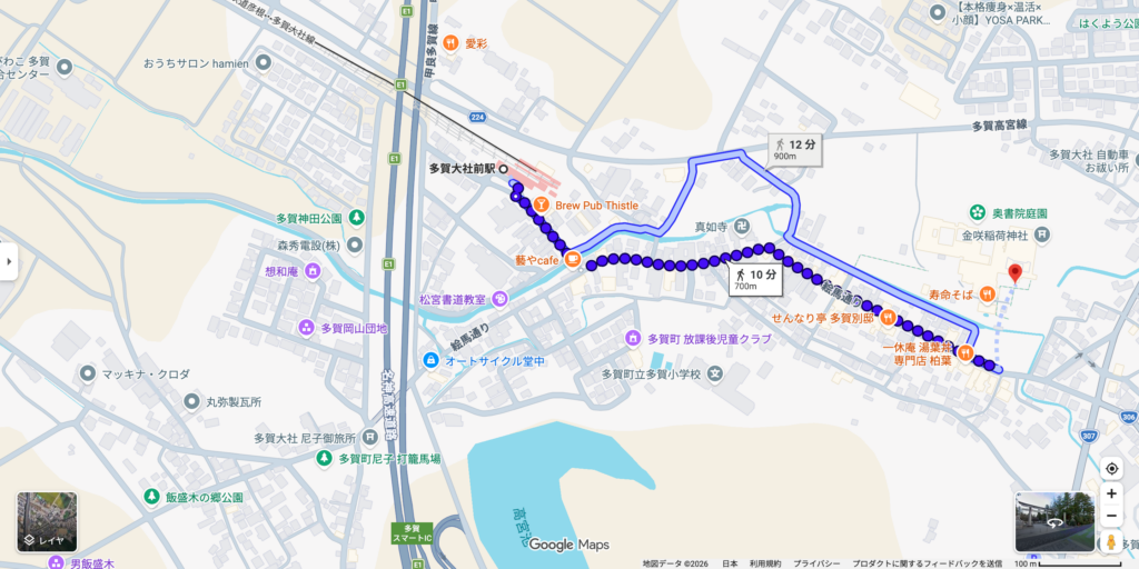 多賀大社前駅から多賀大社までの徒歩経路が10分700mと表示された地図