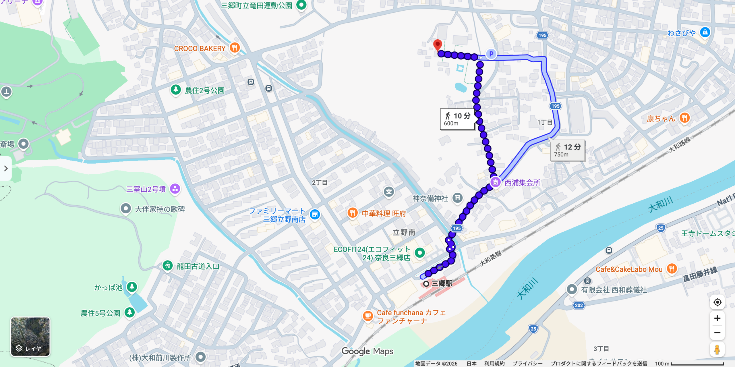 Googleマップで三郷駅から龍田大社までの徒歩経路を出した画面。徒歩10分・600mと表示されている