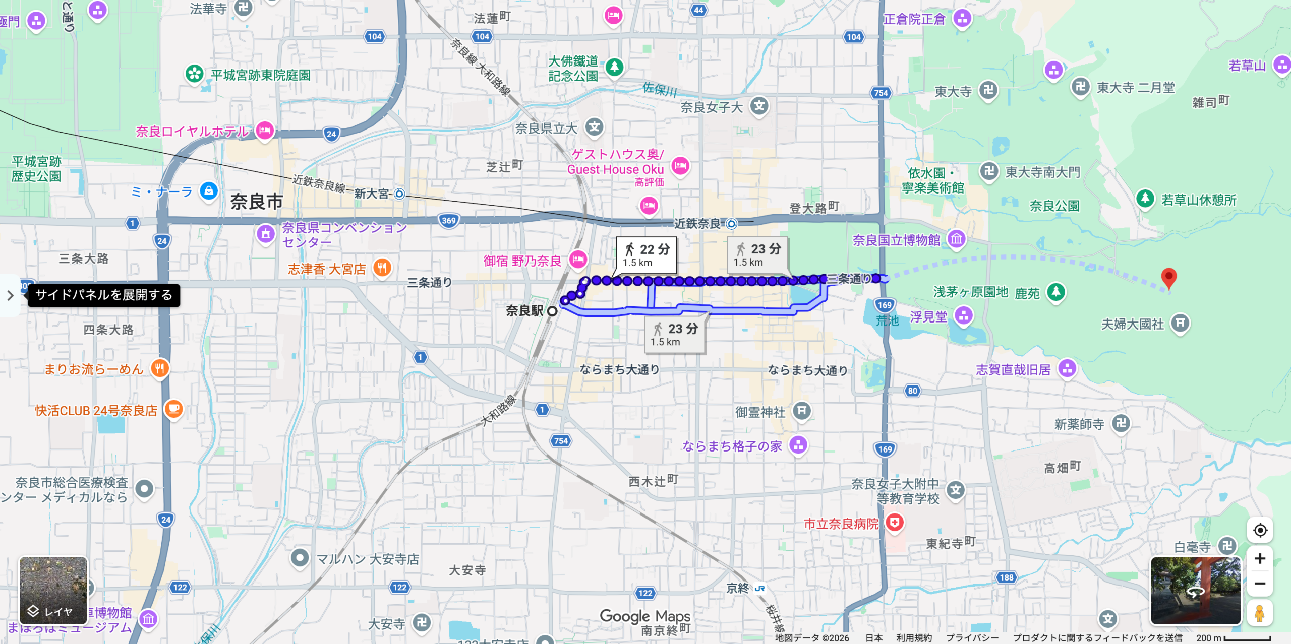 Googleマップで奈良駅から春日大社までの徒歩経路を出した画面。徒歩22分・1.5kmと表示されている