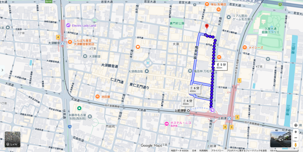 上前津駅から三輪神社までの徒歩経路が5分400mと表示された地図