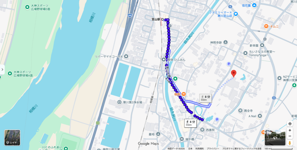 宮山駅から寒川神社までの徒歩経路が8分550mと表示された地図