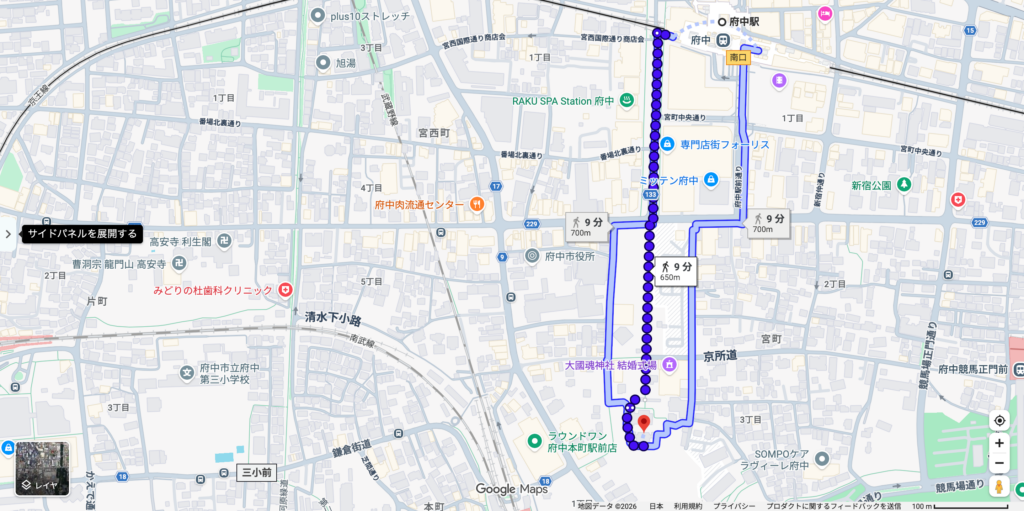 府中駅から大國魂神社の本殿までの徒歩経路が9分650mと表示された地図