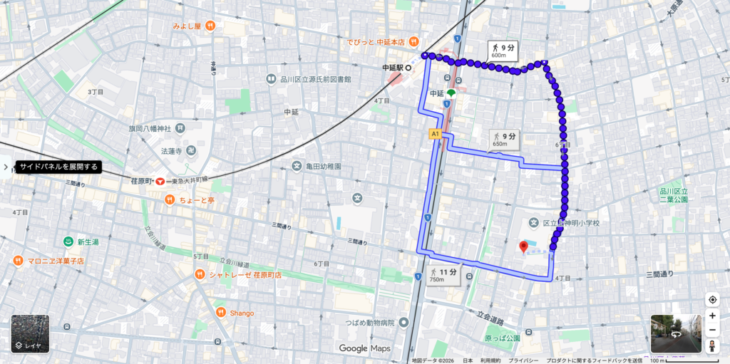 中延駅から蛇窪神社までの徒歩経路が9分600mと表示された地図