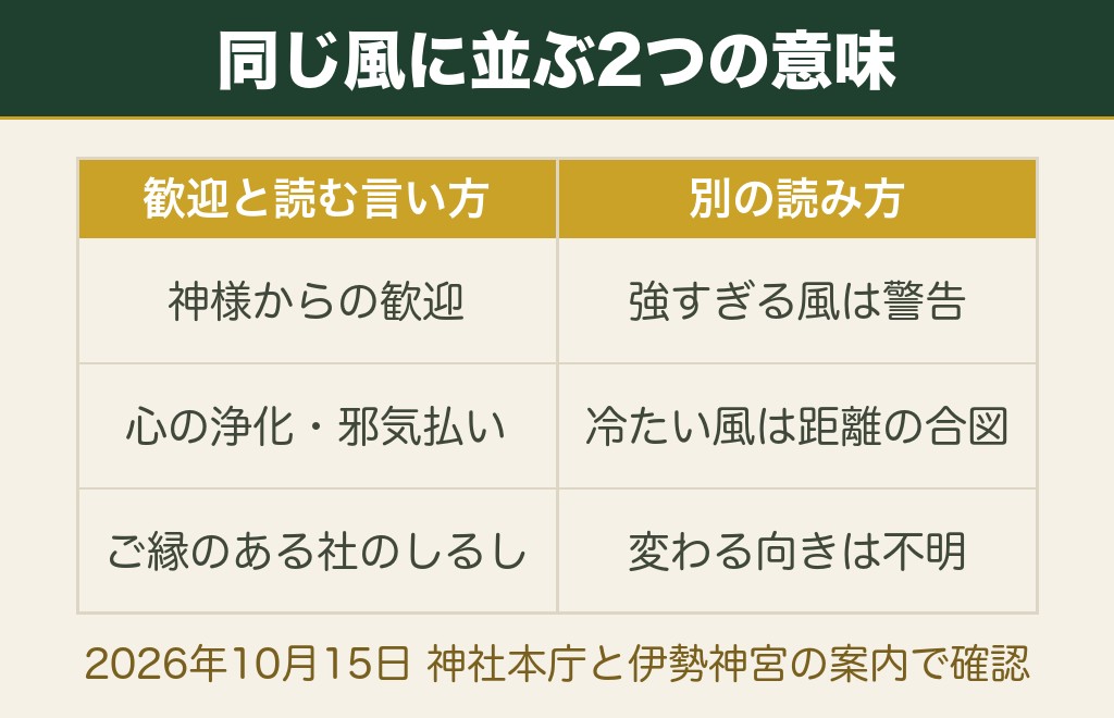 神社の参拝中に風が吹くのは歓迎のサインと言われています