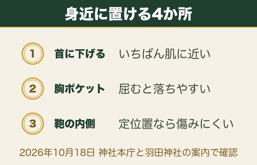 お守りを肌身離さず持つ方法は首・胸・鞄・財布の4か所
